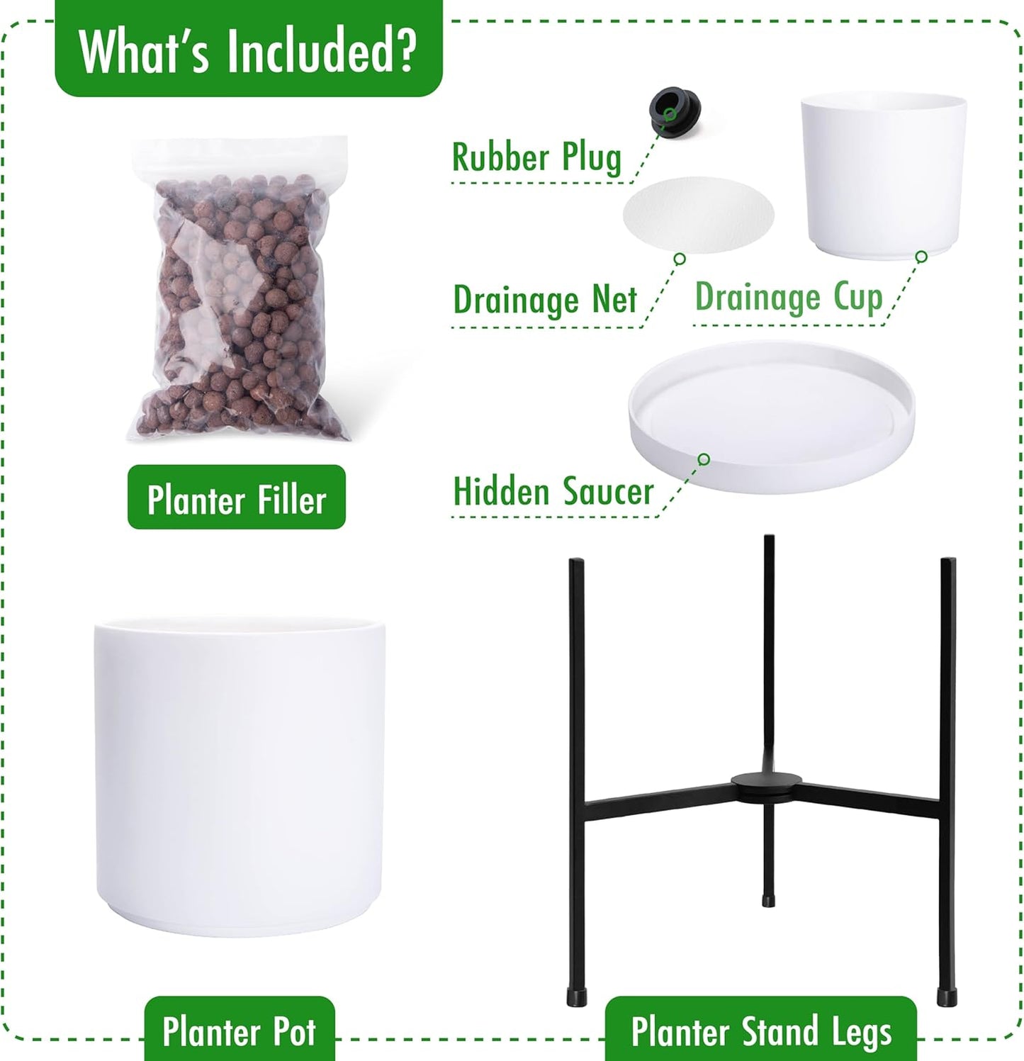 D'vine Dev Modern White Plants Pot Cylinder Planter with Heavy Duty Stand, Small 8 Inch Pot, 15 Inch with Stand Height, 96-T-A-1