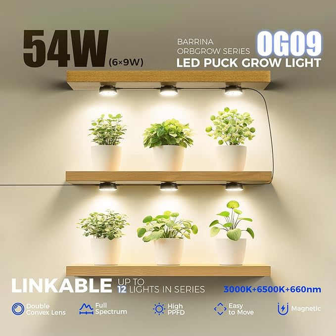 Barrina Orbgrow OG09 Puck Grow Light with Timer, 660nm Red LEDs, 54W(6 x 9W, 810 Watt Equiv), Full Spectrum Plant Light for Indoor Plants, Magnetic & Linkable, 5 Levels Dimmable, 6 Packs, Black