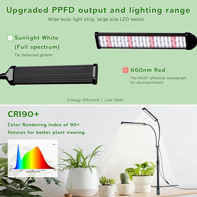 Grow Lights for Indoor Plants, Full Spectrum LED Plant Light Features a Telescoping Rod and a Collapsible Standing Base, Gooseneck, Dimmable, Auto Timer, for Succulents, Houseplants, Seedlings