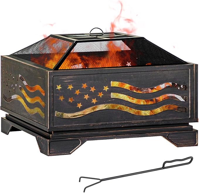 32Inch Square-Shaped Fire Pit,Outdoor Fire Pits with Spark Screen&Poker,Metal Square Wood Burning Firepits for Outside,Backyard,Bonfire,Patio,Party,Garden,Picnic and Camping(Antique Bronze)