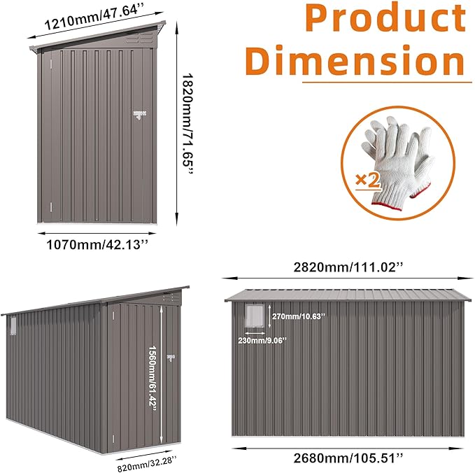 4x9 ft Lean to Shed, Outdoor Storage Shed with Lockable Single Door and Window, Metal Storage Sheds with Sloping Roof and 2 Vents, Outside Garden Tool Sheds for Backyard, Patio (Grey)