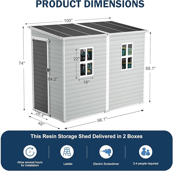 CDCASA 4x8 FT Resin Lean to Shed, Waterproof Outdoor Storage Sheds with Floor & Lockable Door & 2 Windows, Vent, Plastic Tool Shed for Outside, Backyard, Patio, Poolside, Gray