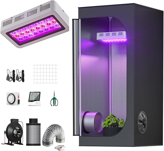 2'X2' Grow Tent Complete Kit Setup 300W LED Grow Light Full-Spectrum Indoor Hydroponics 24"X24"X48" Grow Tent 4" Ventilation Kit with Hangers Hygrometer Shear Timer Trellis Netting Package