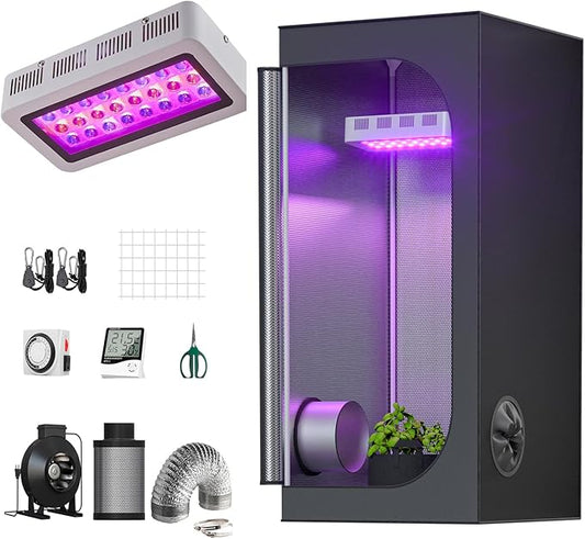 2'X2' Grow Tent Complete Kit Setup 300W LED Grow Light Full-Spectrum Indoor Hydroponics 24"X24"X48" Grow Tent 4" Ventilation Kit with Hangers Hygrometer Shear Timer Trellis Netting Package