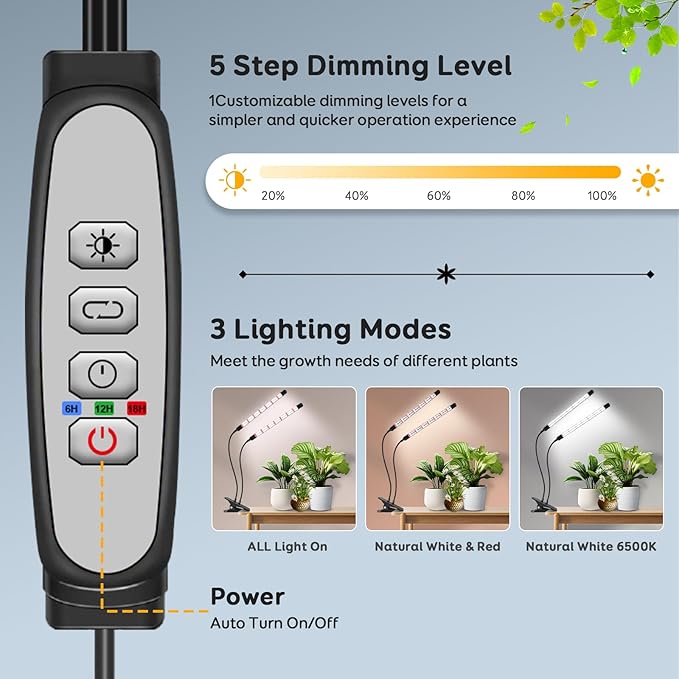 V-Shape Grow Lights for Indoor Plants, 2 Heads LED Full Spectrum Lamps With Clips, 5 Dimmable Levels and 6/12/18H Timer for Growing