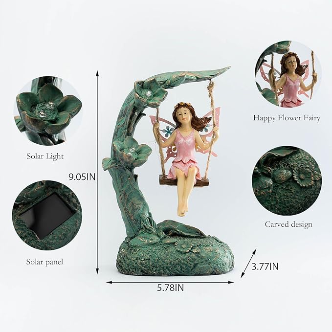 Garden Flower Fairy Outdoor Statue Decor Funny Swing Fairy Ornaments Figurines for Patio Lawn Yard Porch Outside Garden Gifts,9.05 Inches Tall ﻿ ﻿ ﻿