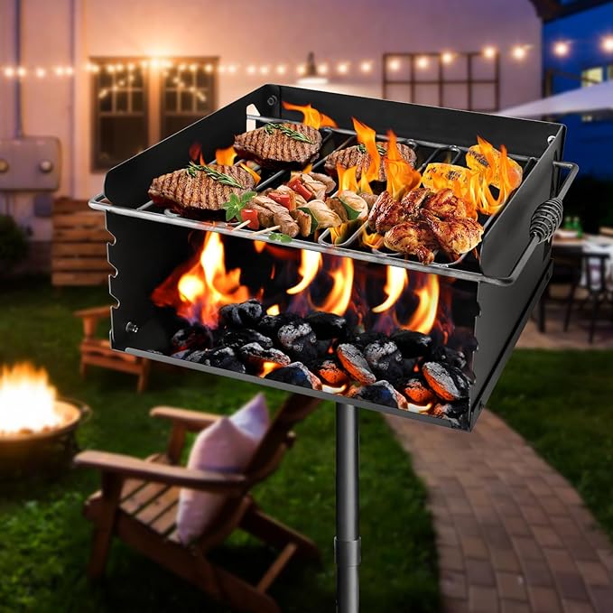 16x16 Inch Park-Style Heavy Duty Steel Charcoal Grill: An Outdoor BBQ Solution with Grate and Single Post Design for Backyard Barbecues and Camping