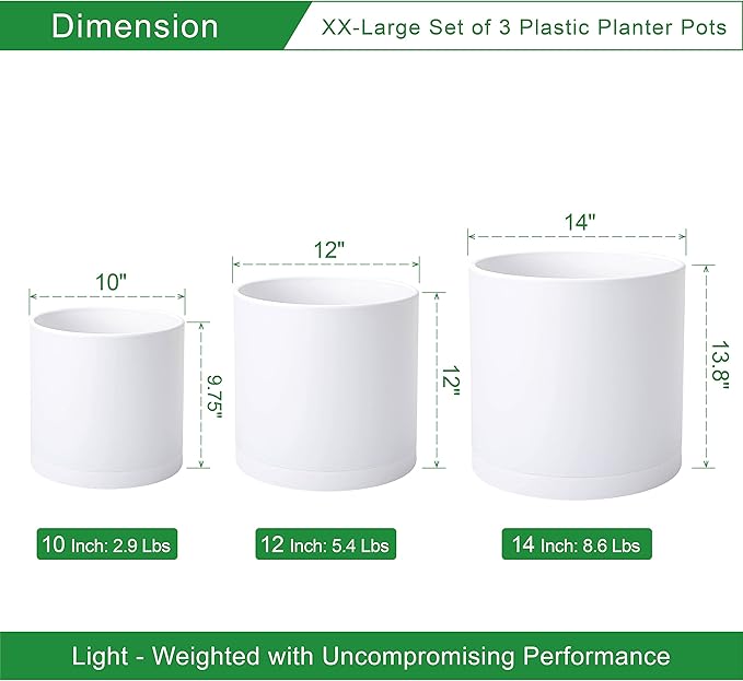 D'vine Dev 10 Inch 12 Inch 14 Inch, Set of 3 Plastic Planter Pots for Plants with Drainage Hole and Seamless Saucers, White Color, XX-Large, 74-V-A-6