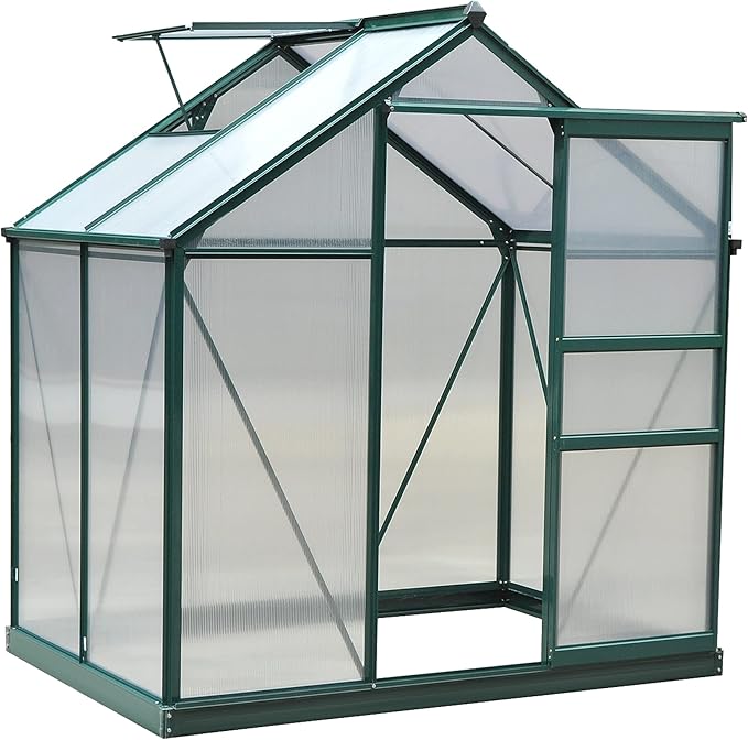 Outsunny 6' x 4' Greenhouse for Outdoors, Polycarbonate Greenhouse with Rain Gutter and Roof Vent, Aluminum Walk-in Green Houses for Outside for Patio Backyard Garden, Dark Green