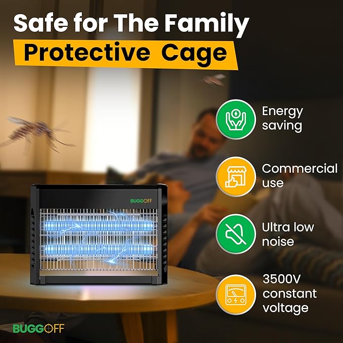 BUGGOFF Indoor Black Modern Electric Bug Zapper, 800 SQFT Coverage, 3500 Volts of Stunning Power, 20 Watts, Kills Mosquitos Gnats, Flys & More. 10 Year Warranty, X2 Free Repalcment Bulbs