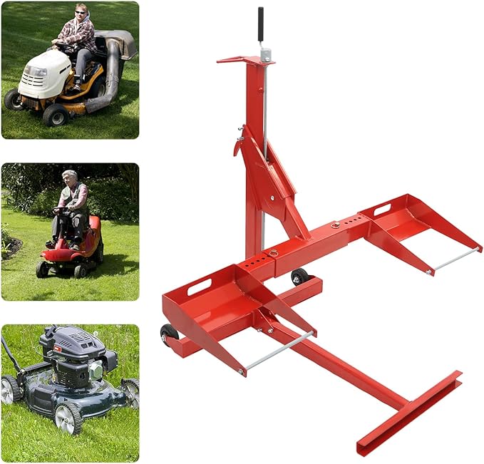 Riding Lawn Mower Lift 750lb Capacity Adjustable Wheel Span Solid Carbon Steel Lawn Mower Lift with 2 Wheels Lawn Mower Lift for Tractors and Zero Turn Lawn Mowers (Red)