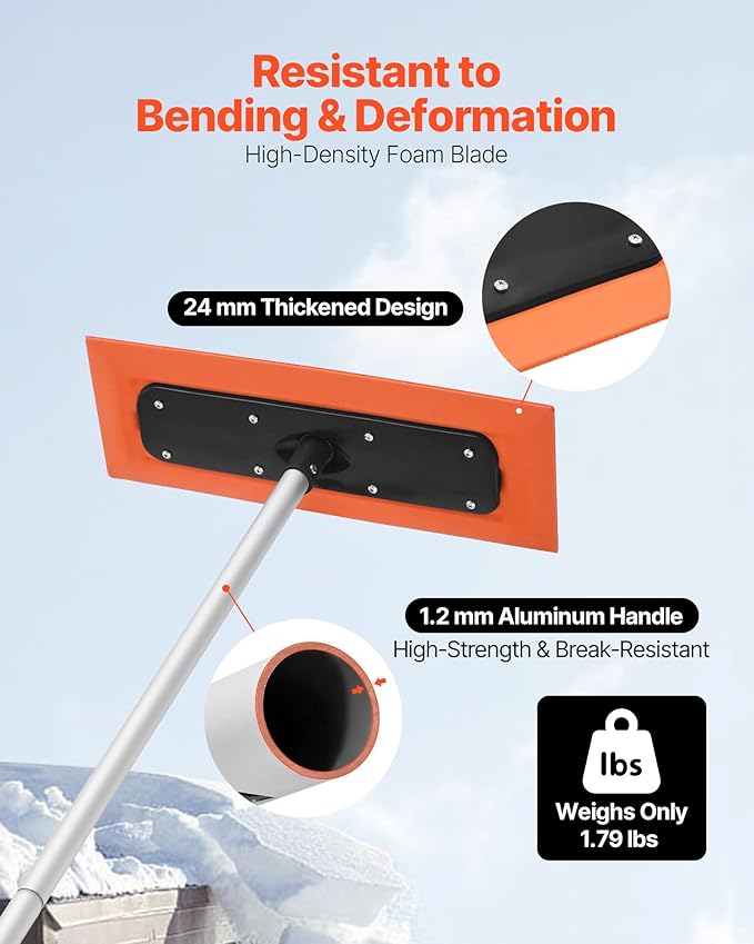 VEVOR Snow Roof Rake, 4ft Long Reach Car Roof Snow Scraper, 17.7 in Foam Blade for No Scratches, Non-Slip Handle, Lightweight Snows Removal Tool for Vehicle Garage Rooftop Leaves Debris Clearing