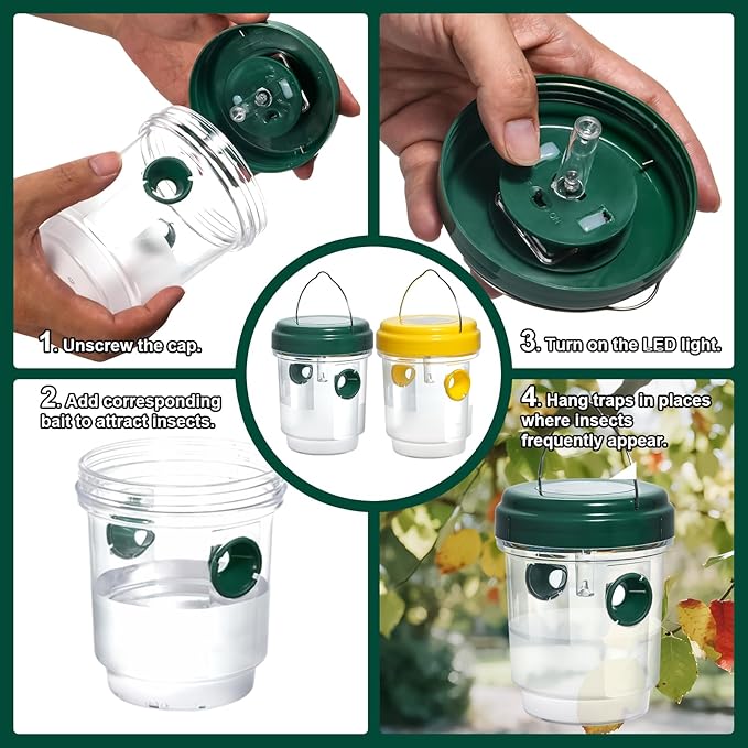 SPICA 4 Pack Wasp Traps Outdoor Hanging, Reusable, Solar Powered Bee Traps for Hornets, Bees, Yellow Jackets, Wasps with Led Light