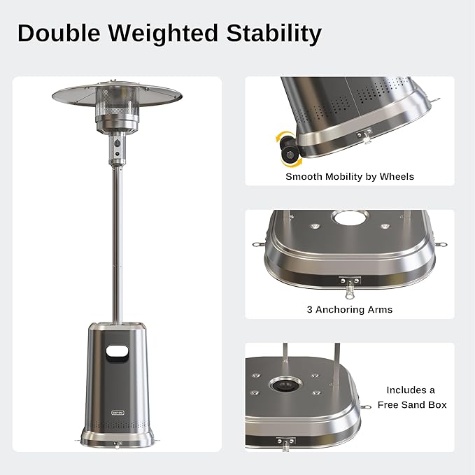 EAST OAK 50,000 BTU Patio Heater with Sand Box, Double-Layer Stainless Steel Burner, Table Design, Safety Protection System, Wheels, Propane Patio Heater for Home and Commercial, Stainless Steel