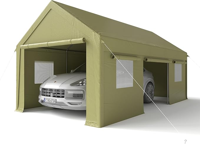 12x20 FT Carport, Heavy Duty Carport, Portable Garage with Side-Opening Door & Roll-Up Windows, Car Canopy Reinforced Four-Hole Base for Car, Truck, Boat, Motorcycle, Green