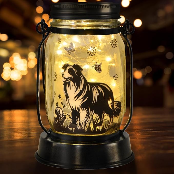 Border Collie Gifts for Women/Men Border Collie Solar Lanterns Dog Mom Birthday, Dog Lovers Lantern, Pet Loss Pet Memorial Lights, Solar Garden Decoration Outside for Yard, Patio,Backyard,Porch