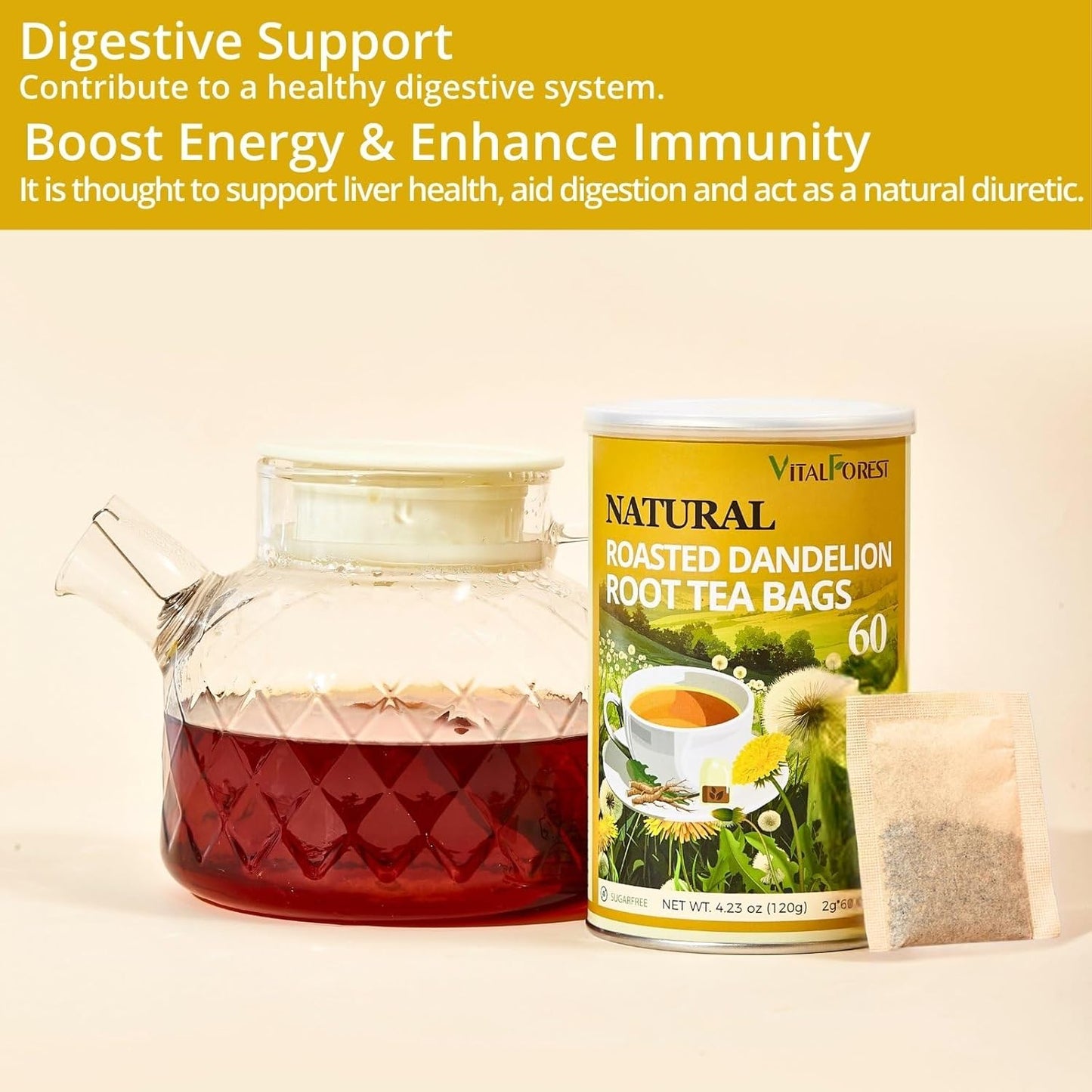 60 Roasted Dandelion Root Tea Bags, 2g/Bags, VitalForest Natural Detox Dandelion Tea, Dried Dandelion Root Coffee Substitute, Diente De Leon, Caffeine Free, Canister Packaged