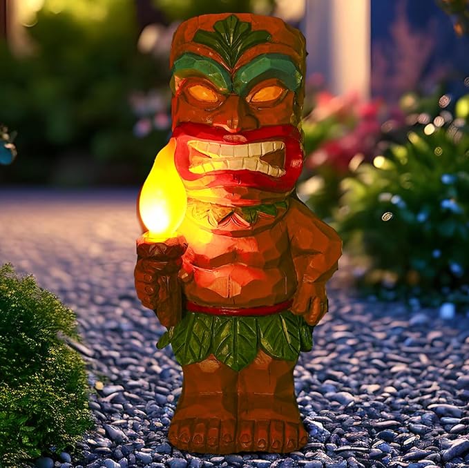 Solar Tiki Garden Statue Tiki Holding Torches with Flickering Flame LED Lights Bar Patio Porch Lawn Yard Art Outdoor Fall Decoration Halloween Birthday Christmas Gardening Gift for Dad Mom