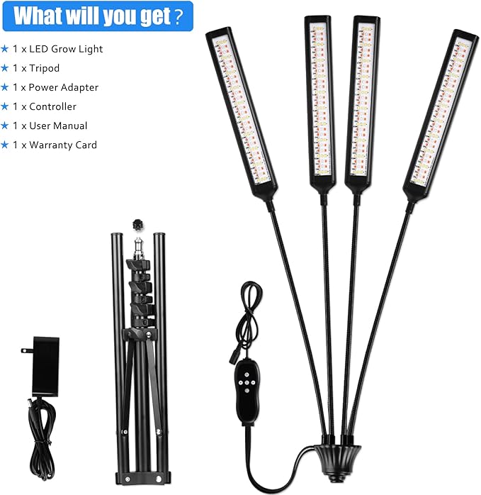 Grow Lights for Indoor Plants 4 Heads, Full Spectrum Plant Lights for Indoor Growing with Tripod Stand, Auto On/Off Timing 3/6/9/12/15/18H, LED Grow Lights for Indoor Plants. (4 Wide Heads)
