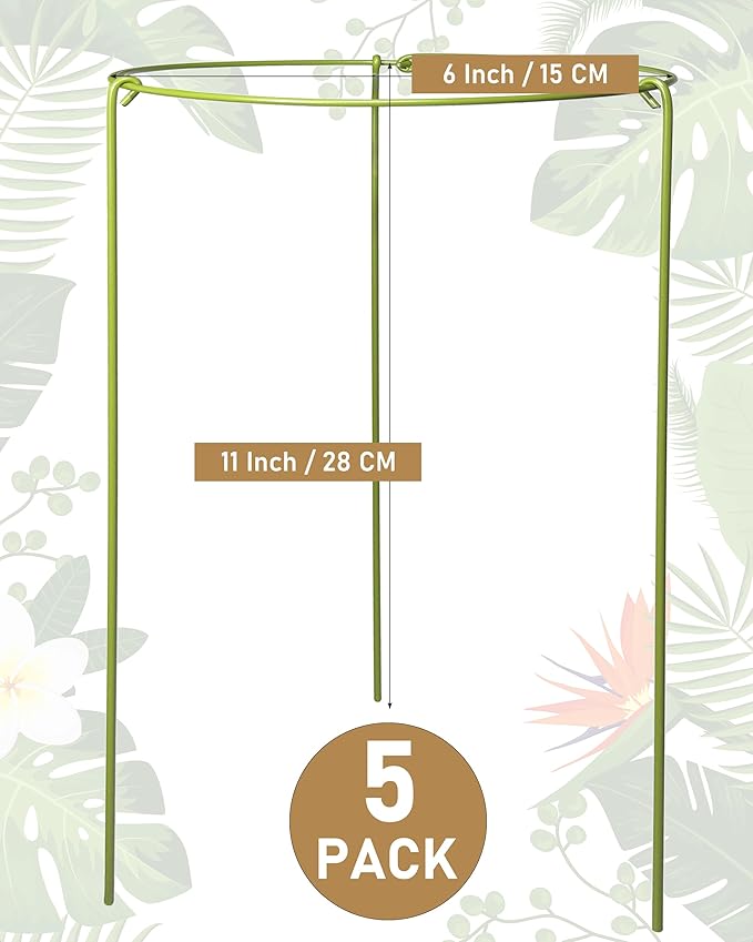 5-Pack Heavy Duty Garden Plant Stakes, 3.2mm Steel Plant Support Stakes for Indoor Outdoor Use - Tomato Cages, Monstera, Peony Supports for Potted Plants & Trees - 6" W x 11" H (Mint Green)