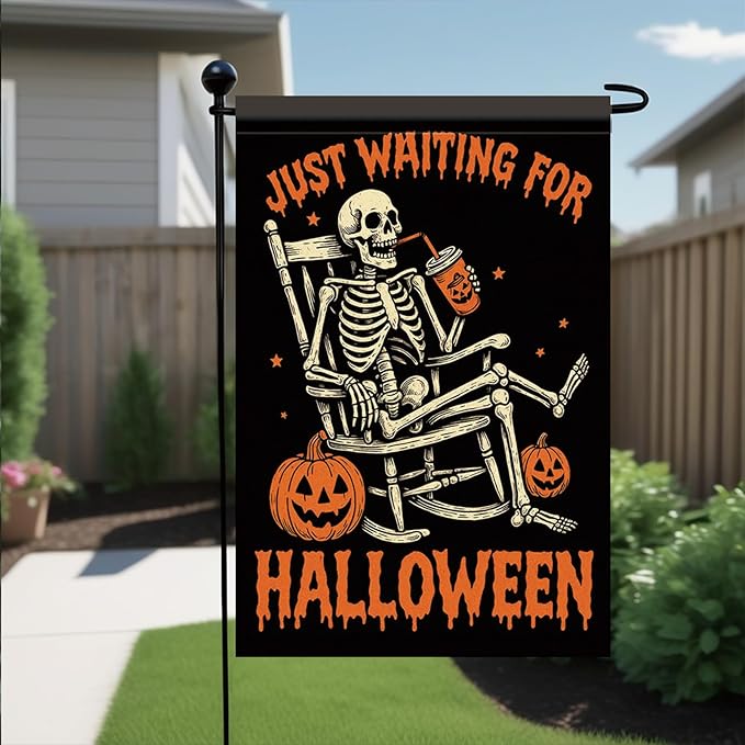 Halloween Garden Flag Skeleton Pumpkin Flag Just Waiting for Halloween 12x18 Inch Double Sided Outdoor Yard Banner for Trick or Treat Haunted House Spooky Decoration Decor