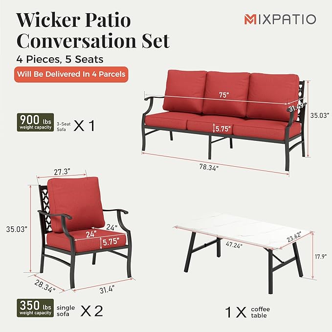 Patio Furniture Set 4 pcs, Metal Outdoor Patio Furniture, 3-Seat Sofa, 2 Single Chairs, Coffee Table and 5.75" Extra Thick Cushion, Conversation Set for Backyard Deck, Red