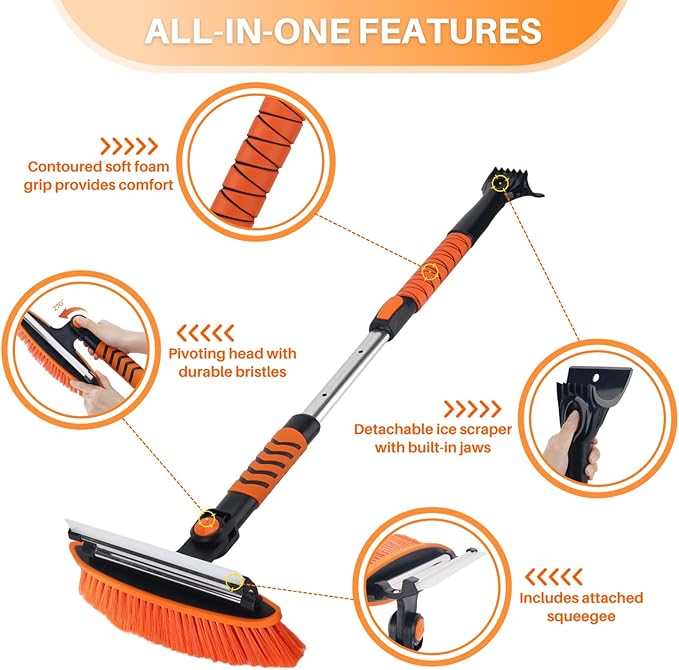 KeFanta Snow Removal Brush and Ice Scrapers for Car Windshield, 3 in 1 Heavy Duty 42'' Extendable Broom for SUV and Truck Window, Automotive Winter Accessories