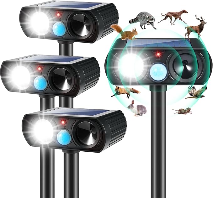 2025 4Pack Ultrasonic Animal Repellent Outdoor Solar Animal Repeller witht Motion Sensor&LED Strober Ligh Cat Deterrent Outdoor Deer Repellent Device to Scare Rabbit Fox Dog Raccoon Squirrel Skunk
