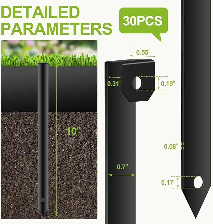 30Pcs Metal Landscape Edging Stakes,10-Inch Heavy Duty Galvanized Steel Lawn Edging Spikes,Anti-Rust Garden Stakes for Securing Plastic, Metal & Rubber Landscape Borders