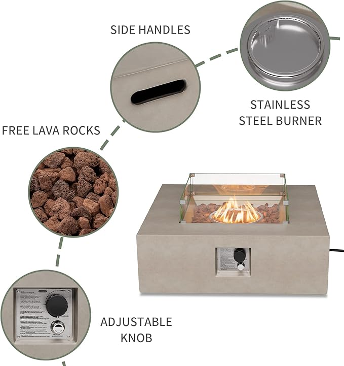 COSIEST 35-inch Square Outdoor Sandstone Propane Fire Pit w Wind Guard and Side Table, CSA Certified, 50,000 BTU Stainless Steel Burner, Free Lava Rocks and Rain Cover, Metal Lid(Gray)
