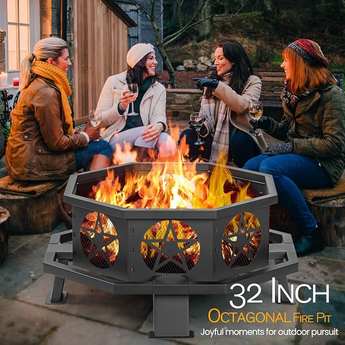 32 Inch Small Octagonal Fire Pit,Outdoor Wood Burning Fire Pits for Patio, Picnic,Bonfire,Heavy Duty Firepits for Outside Backyard Garden,Camping