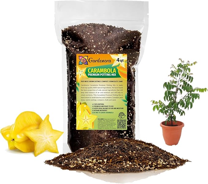 Premium Carambola Potting Soil Mix - Perfect Balance of Nutrients, Drainage, and Aeration for Thriving Starfruit Trees - 4 Quart