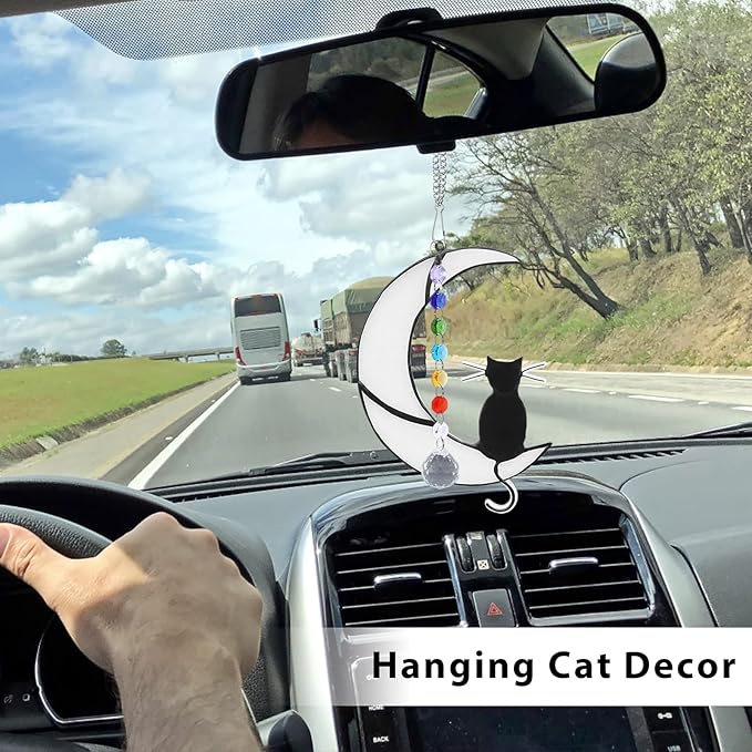 Black Cat Decor on White Moon Acrylic Sun Catcher Stained Window Hanging Ornament Halloween Decorations Cat Suncatcher for Women Pet Memorial Gifts Lovers Loss Sympathy Gifts Home Garden Panels