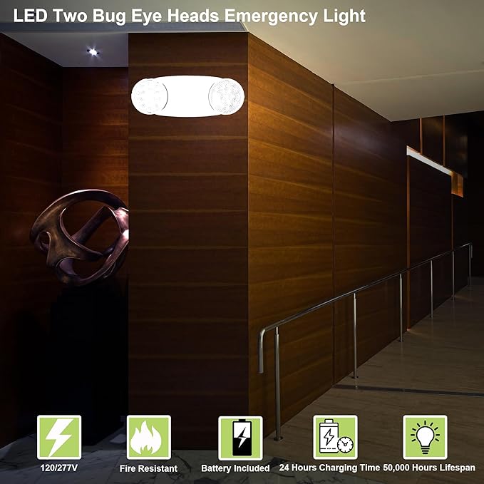 GRUENLICH LED Emergency Light, Exit Lighting Fixtures with 2 LED Bug Eye Heads and Back Up Batteries, UL 924 Qualified, 120/277 Voltage, 4-Pack