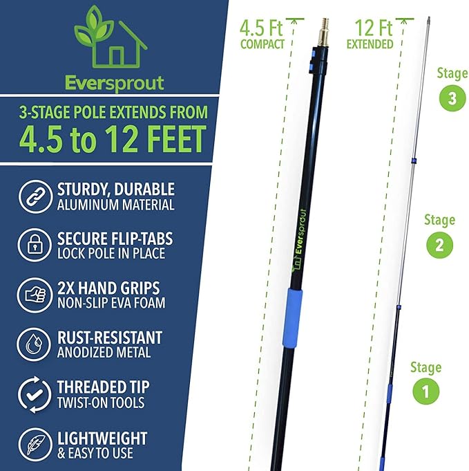 EVERSPROUT Never-Scratch SnowBuster and Ice Scraper 5-to-12 Foot (Up to 18 ft Standing Reach) | Pre-Assembled Extendable Roof Rake for Snow Removal | Lightweight Aluminum, Soft Foam Pad