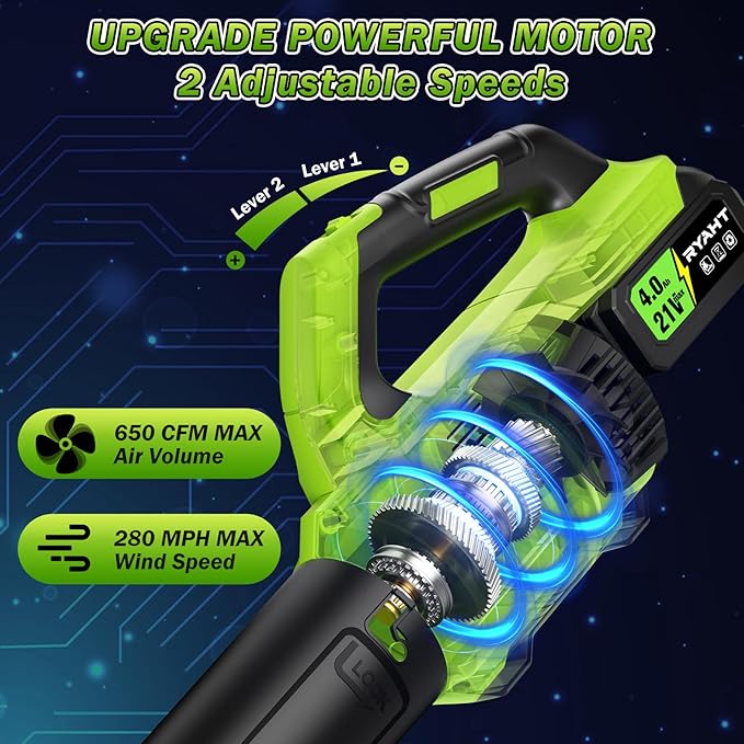 RYAHT Leaf Blower Cordless, 21V Powerful Electric Leaf Blower with 2 X 4.0Ah Batteries and Charger, 2 Speed Modes, Handheld Lightweight Leaf Blowers for Lawn Care, Patio, Dust, Blowing Leaves- Green