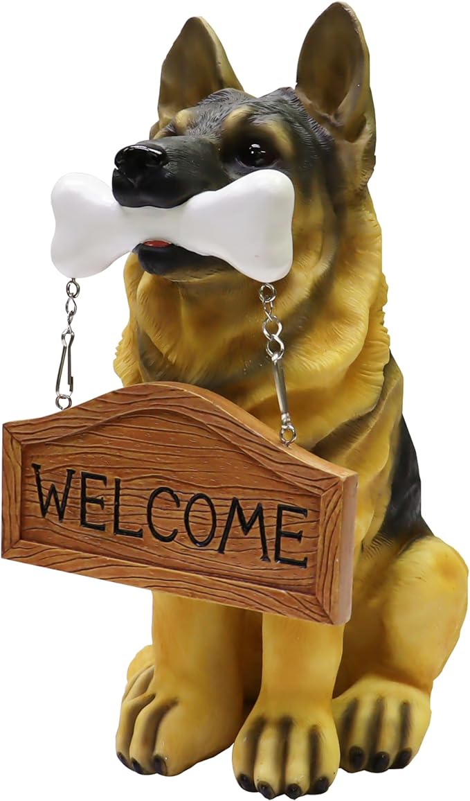 Nature's Mark German Sheperd Dog Puppy Statue with Reversible Welcome Sign and Go Away Sign Resin Garden Decor 12" H