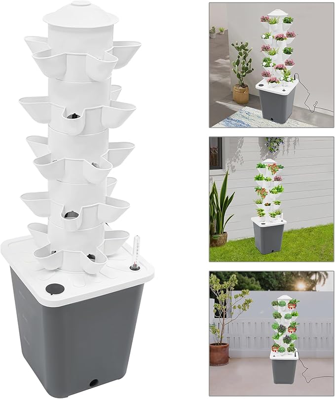 Hydroponics Growing System, 25-Plants Hydroponic Growing Kit Indoor Vertical Tower System Kit with Water Pump & Plug Nursery Germination Kit for Gardening Lover (Grey)