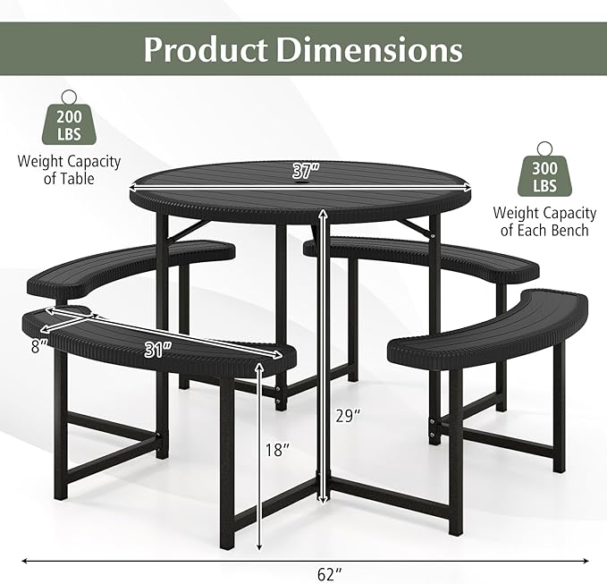 Giantex Picnic Table Bench Set for 4-8 Person, Round 37” Outdoor Dining Table w/Umbrella Hole, HDPE Tabletop, Metal Frame, Patio Furniture Set for Backyard Porch Lawn, 1400lb Capacity (Black,Round)
