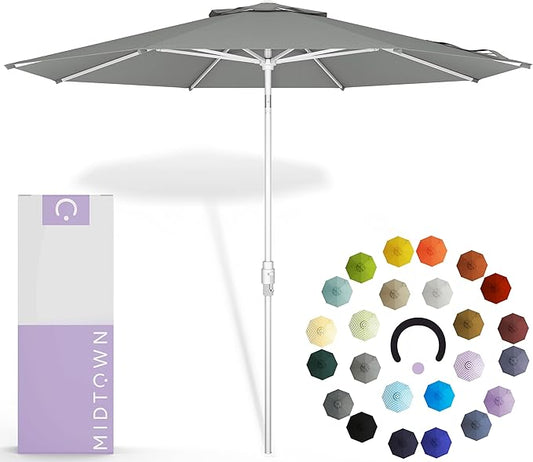 Midtown Umbrellas The Swilt 8 Feet Patio Umbrella in Terylast Matter (Grey) Polyester Fabric - Fiberglass Ribs, Auto-Tilt Aluminum Frame For Backyard, Deck, Garden, Pool - White Pole