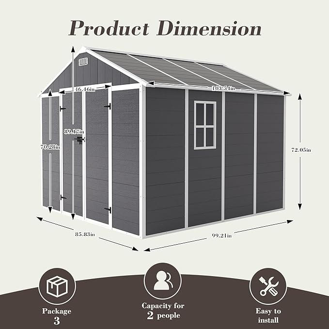 Outdoor Storage Shed 8x8 FT, Resin Shed with Floor & Window, Lockable Door, Vents, Outside Sheds & Garden Shed for Patio Furniture, Gardening Tools, Pool Equipment (Dark Gray, 8 * 8ft)