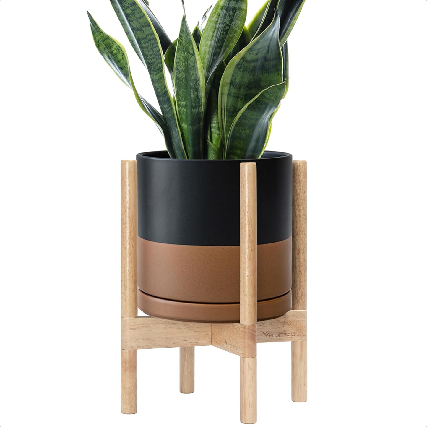 D'vine Dev Ceramic Planter with Natural Stand - 10 Inch Modern Round Flower Pot with Wood Planter Holder, Black/Speckled Tan, 55-B-K-7