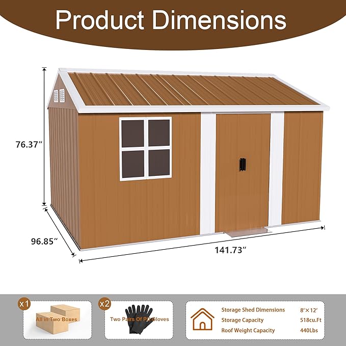 Outdoor Tool Shed 8x10 FT Heavy-Duty Metal Storage Shed with Lockable Door, Windows & Ventilation - Weather-Resistant Roof Garden Shed for Backyard, Patio, Lawn (Brown)
