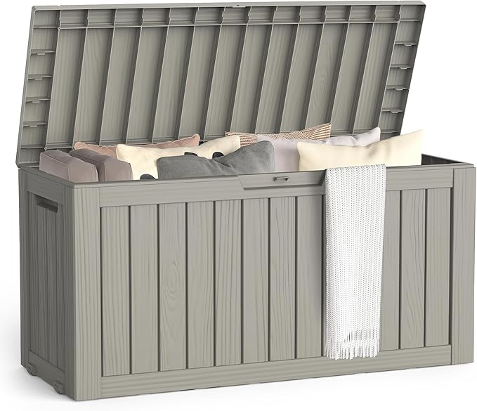 72 Gallon Outdoor Storage Box, Waterproof Deck Box with Handles and Lockable Lid, Resin Patio Storage Box with Hydraulic Rods for Garden Tools, Cushions, Grey