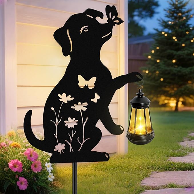 Solar Lights Outdoor Stakes, Metal Dog Solar Lights, Birthday Gifts for Women Mom Grandma, Waterproof Hanging Lantern Garden Silhouette Ornaments Decor Outside Backyard, Yard Art, Patio, Pathway