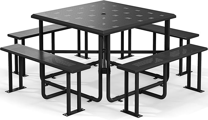 YITAHOME Metal Picnic Table, Powder Coated Outdoor Picnic Table with Heavy-Duty Steel Frame, Adjustable Seats & Umbrella Hole for Yard, Patio, Lawn, Party, Black, Square