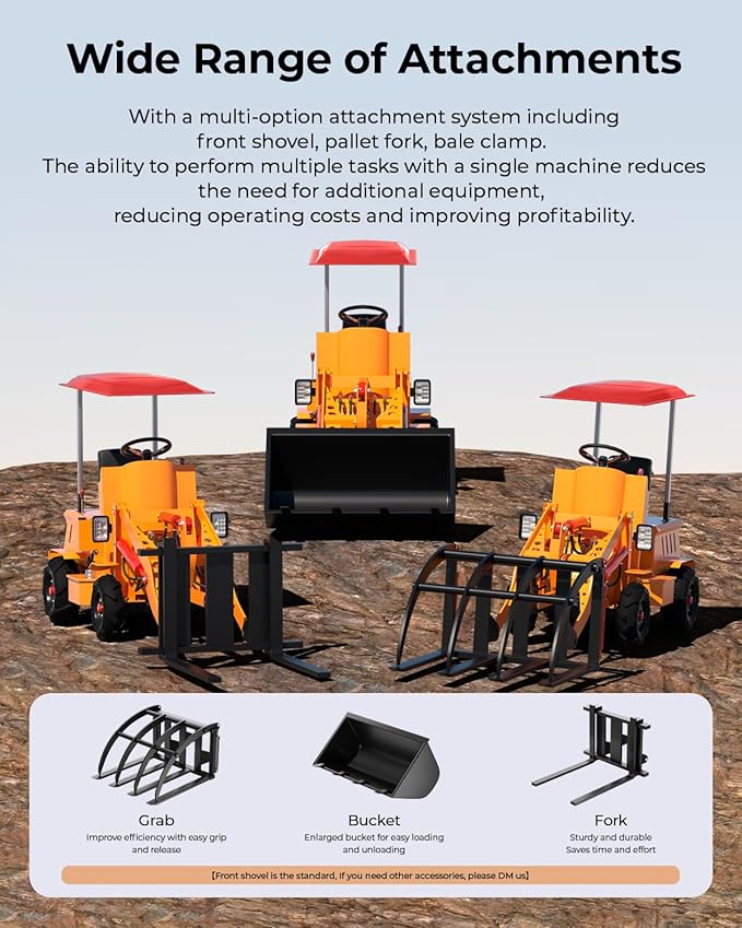 Electric Mini Skid Steer Loader Arczorix Tractor Front Wheel Loader with Wide Bucket Compatible with Various Attachments, Load Capacity 880Lbs 60V 76Ah Lead Acid Battery