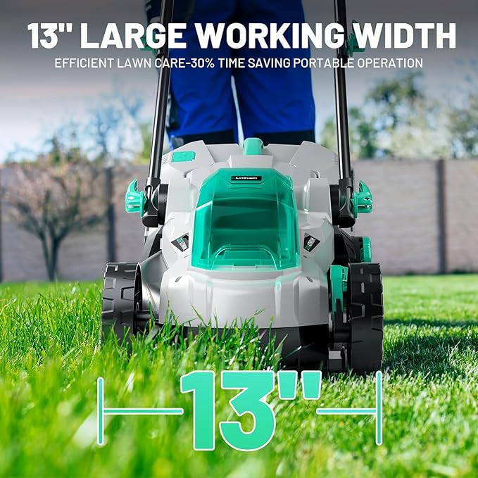 Litheli 13.1inch Electric Lawn Mower Cordless,Grass Cutter Machine for 1600 Sq.Ft.Lawnmower with Brushless Motor, 8 Gallon Capacity, Cutting Height from 1 to 2.5 in, Includes 1X4.0 Ah Battery