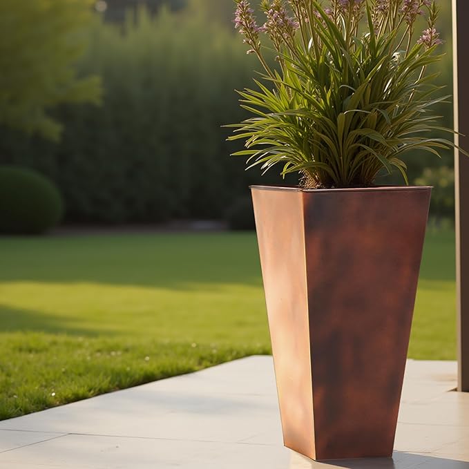 Worth Garden 12" Dia x 28" H Large Metal Planter Set of 2, Matte Bronze Retro Finish Tall Square Tapered Steel Plant Pots, Decor Flower Pots Indoor & Outdoor, Drainage Hole & Dual-Purpose Plant Saucer