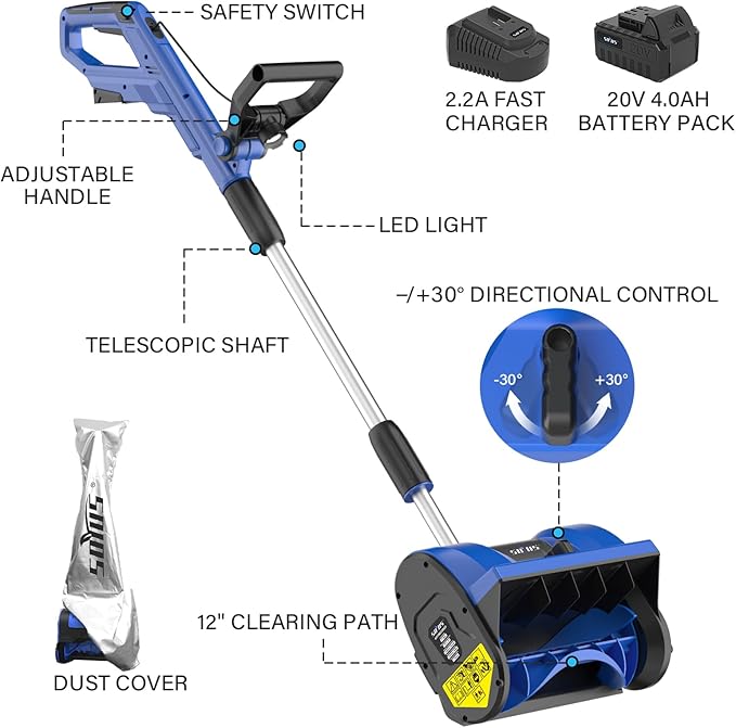 SOYUS Electric Snow Shovel Cordless, 20V 12-Inch Electric Snow Blower, Snow Shovel for Driveway with Handle LED Light and Directional Plate (1x4.0Ah Battery, Charger and Cover Included)